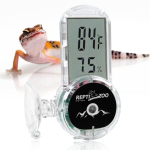 A close-up view of a terrarium thermometer showing the temperature inside a glass enclosure containing various plants and reptiles