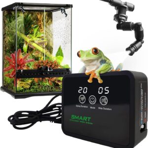 Automatic reptile mister spraying mist in a terrarium with tropical plants and a resting lizard